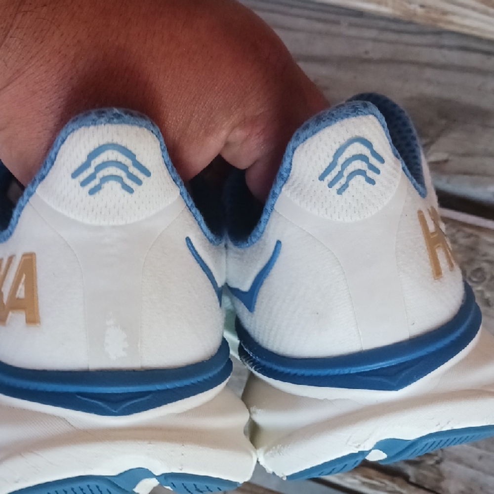 Hoka Clifton 9 White and Blue Sneakers with Gold Logo - Picture 11 of 14